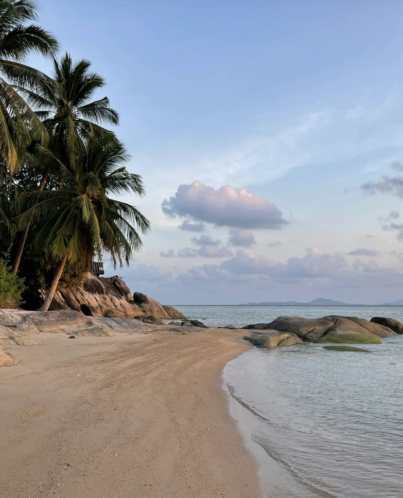 Palm trees and granite boulders line a sandy beach in Koh Samui, Thailand, beside calm water beneath pastel clouds.