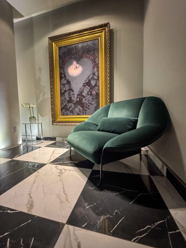 Elegant hotel interior with marble floors and modern furnishings in Québec City