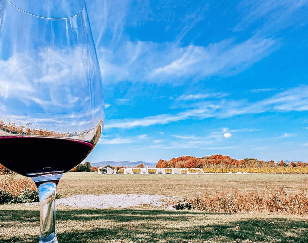Glass of red wine overlooking fall foliage on Île d'Orléans near Québec City