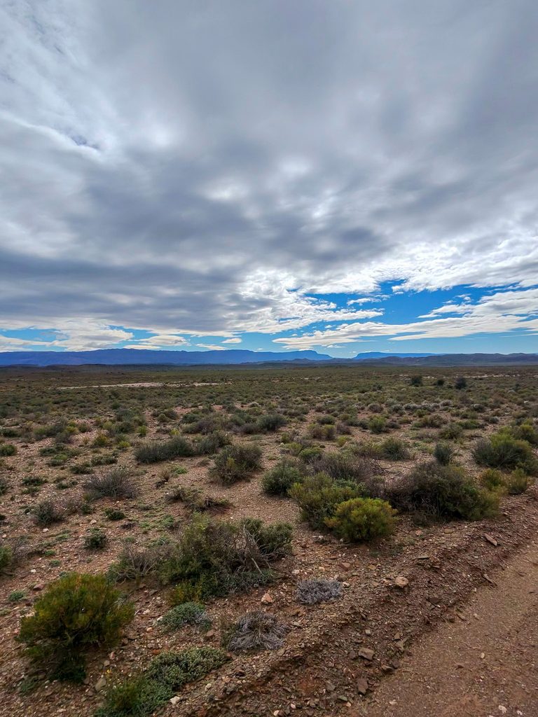 South African safari landscape with mountains under a dramatic cloudy sky