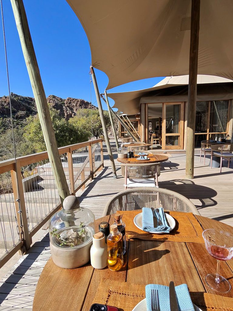 Outdoor dining deck at a safari lodge in South Africa. Sanbona