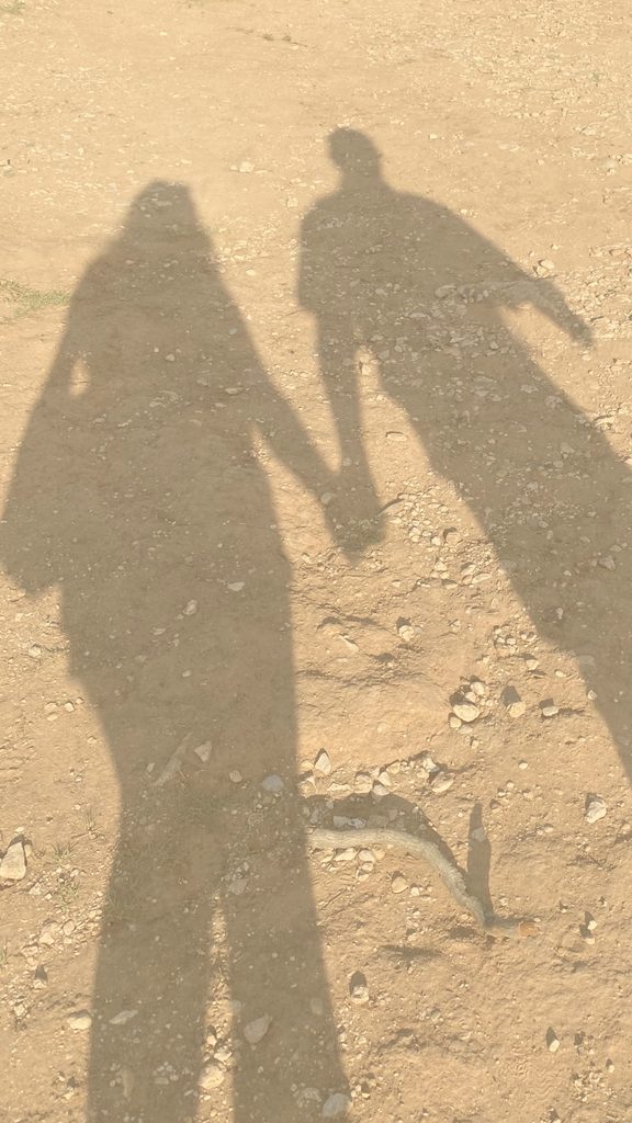 Shadows of a couple walking together during their honeymoon